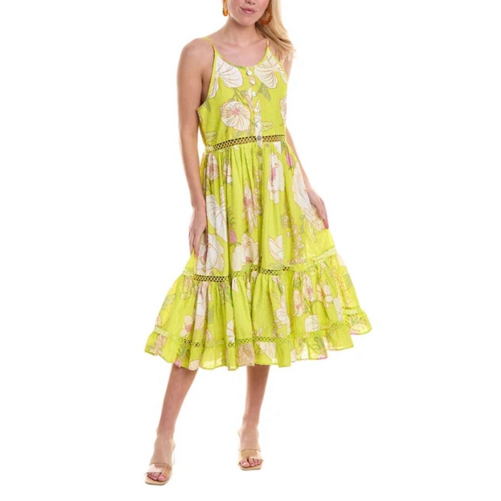 NWT Farm Rio Women's Neon Garden Cotton Midi Flare Vibrant Tropic Dress Sz M‎